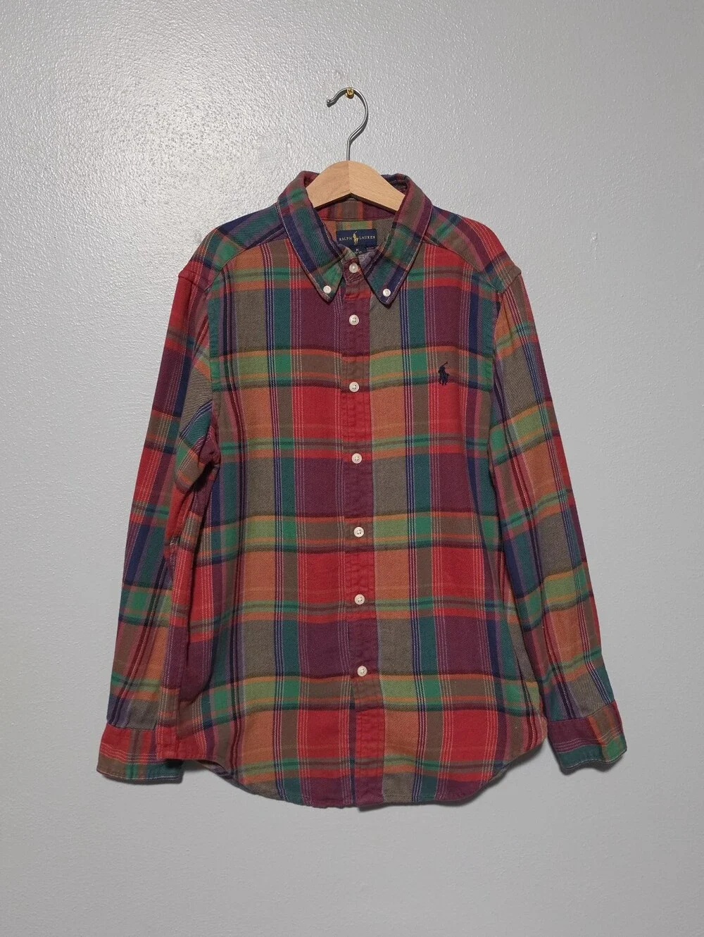 RALPH LAUREN Boys Medium 10-12 Madras Plaid Button Down Shirt Cotton Preppy
